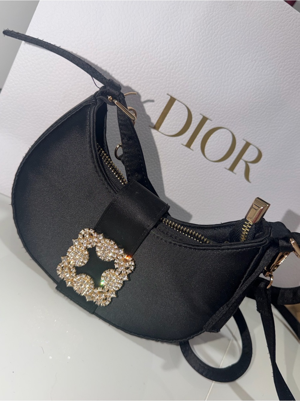 Dior Black Satin Crescent Shoulder Bag with Crystal Buckle